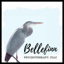 Bellefinn Psychotherapy logo - crane with light blue watercolor background that says Bellefinn Psychotherapy, PLLC